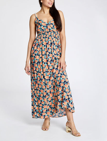 Robe longue empire imprimé fleurs tropicales à bretelles à perles - Marine - 4