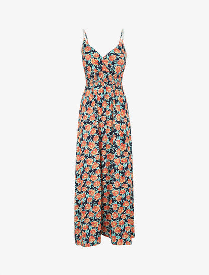 Robe longue empire imprimé fleurs tropicales à bretelles à perles - Marine - 5
