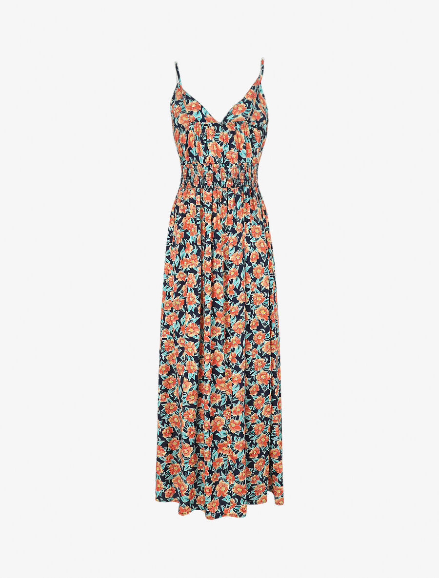 Robe longue empire imprimé fleurs tropicales à bretelles à perles - Marine - 2