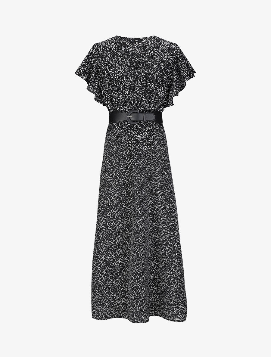 Robe longue empire imprimé fleurs à manches volantées - Noir - 5