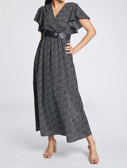 Robe longue empire imprimé fleurs à manches volantées - Noir - 4