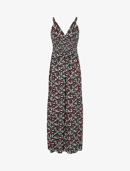 Robe longue cintrée imprimée petites fleurs printanières - Noir - 2