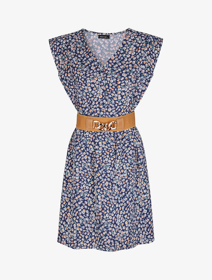 Robe à col V boutonné - Marine - 4