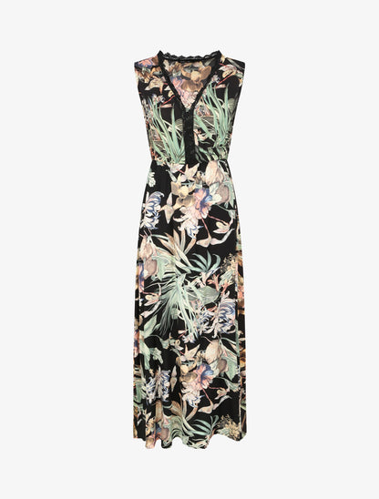 Robe longue en coton imprimé fleurs tropicales - Noir - 4