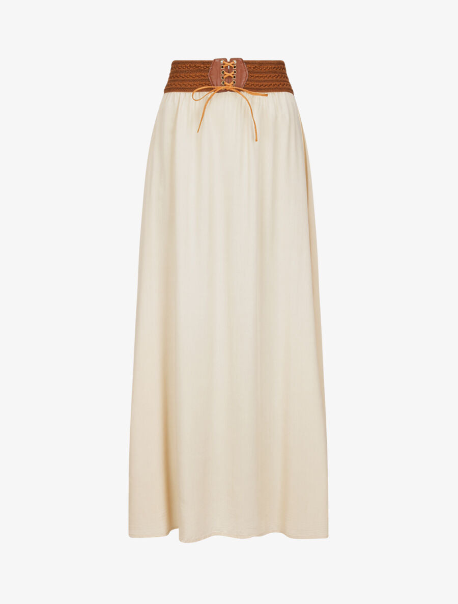 Jupe longue unie à taille haute contrastante - Beige - 6