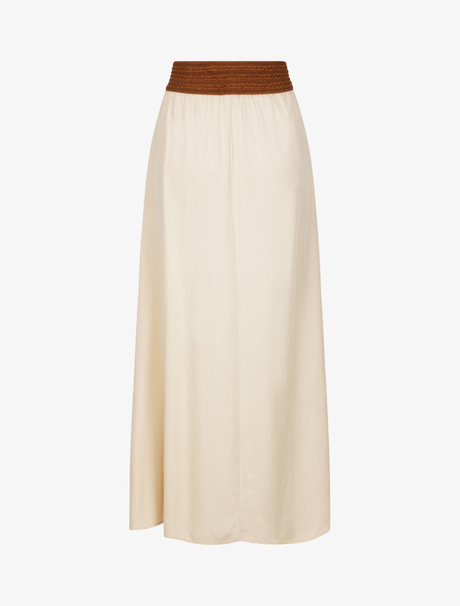 Jupe longue unie à taille haute contrastante - Beige - 2