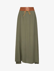 Jupe longue unie à taille haute contrastante - Kaki - 1