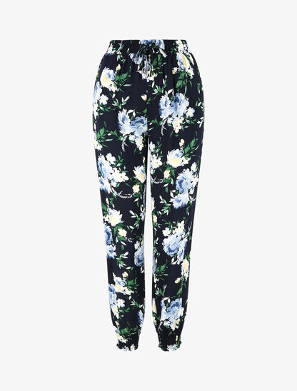Pantalon fluide imprimé fleurs printanières à bords élastiqués - Marine - 1