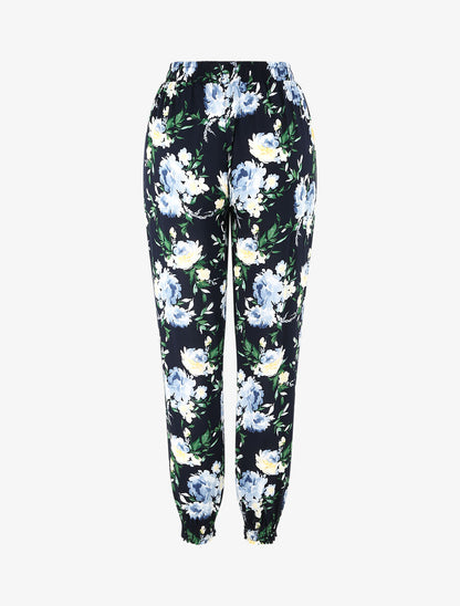 Pantalon fluide imprimé fleurs printanières à bords élastiqués - Marine - 2