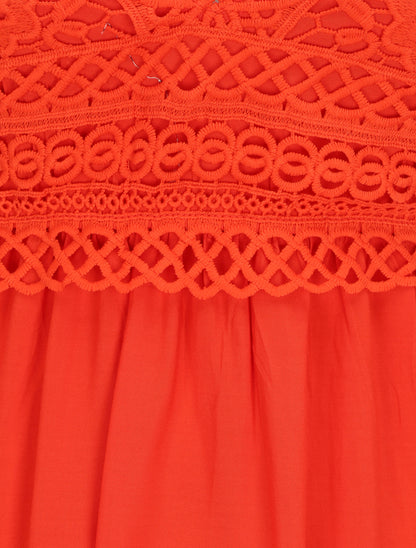 Robe courte à bretelles et dentelle - Corail - 3