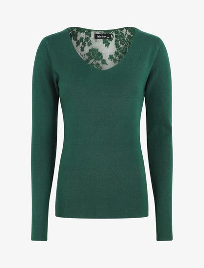 Pull fin à dos en dentelle - Vert émeraude - 2