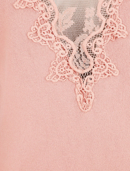 Pull fin à dos en dentelle - Rose - 4