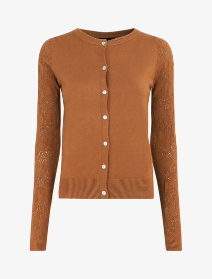 Gilet droit à manches en maille fantaisie - Camel - 1