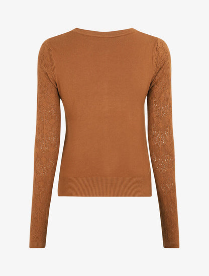 Gilet droit à manches en maille fantaisie - Camel - 2