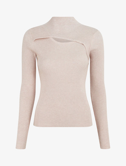 Pull col montant et décolleté ajouré - Beige - 5