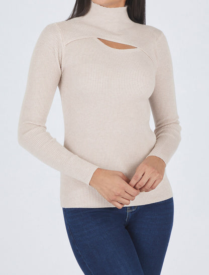 Pull col montant et décolleté ajouré - Beige - 4