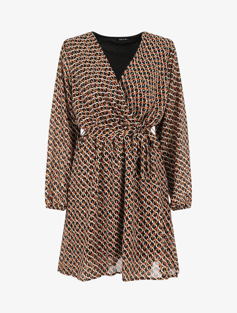 Robe col cache-coeur imprimé graphique - Noir - 1