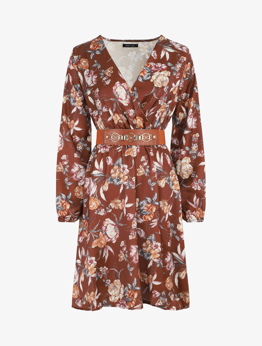 Robe satinée à imprimée floral - Marron - 1
