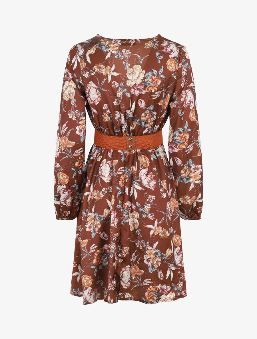 Robe satinée à imprimée floral - Marron - 2