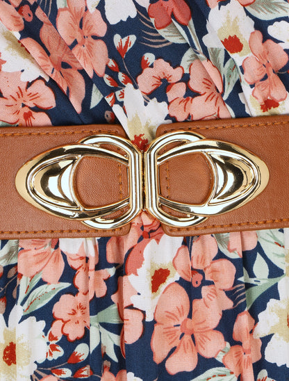 Robe longue imprimé fleuri à manches volantées - Marine - 3