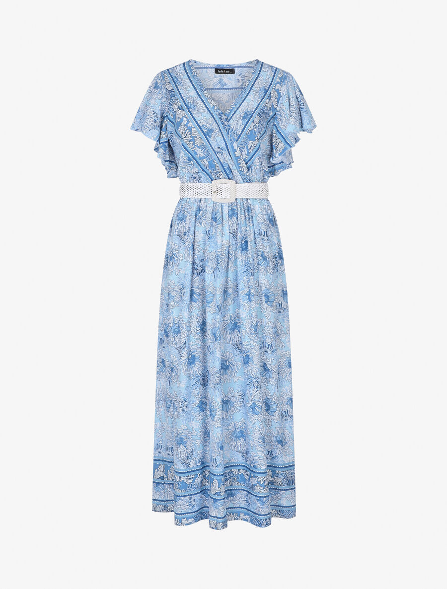 Robe longue élastiquée imprimé floral - Bleu - 1