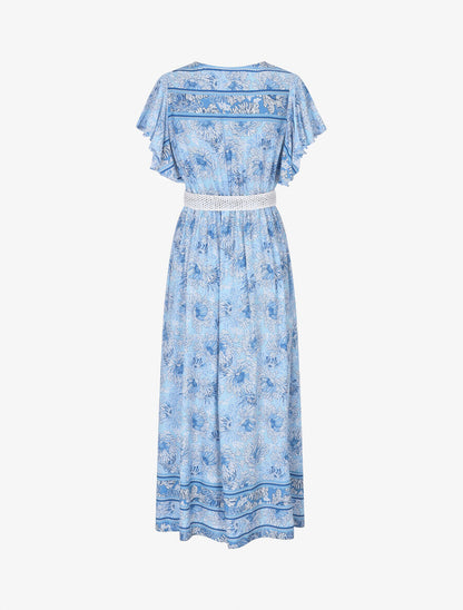 Robe longue élastiquée imprimé floral - Bleu - 2