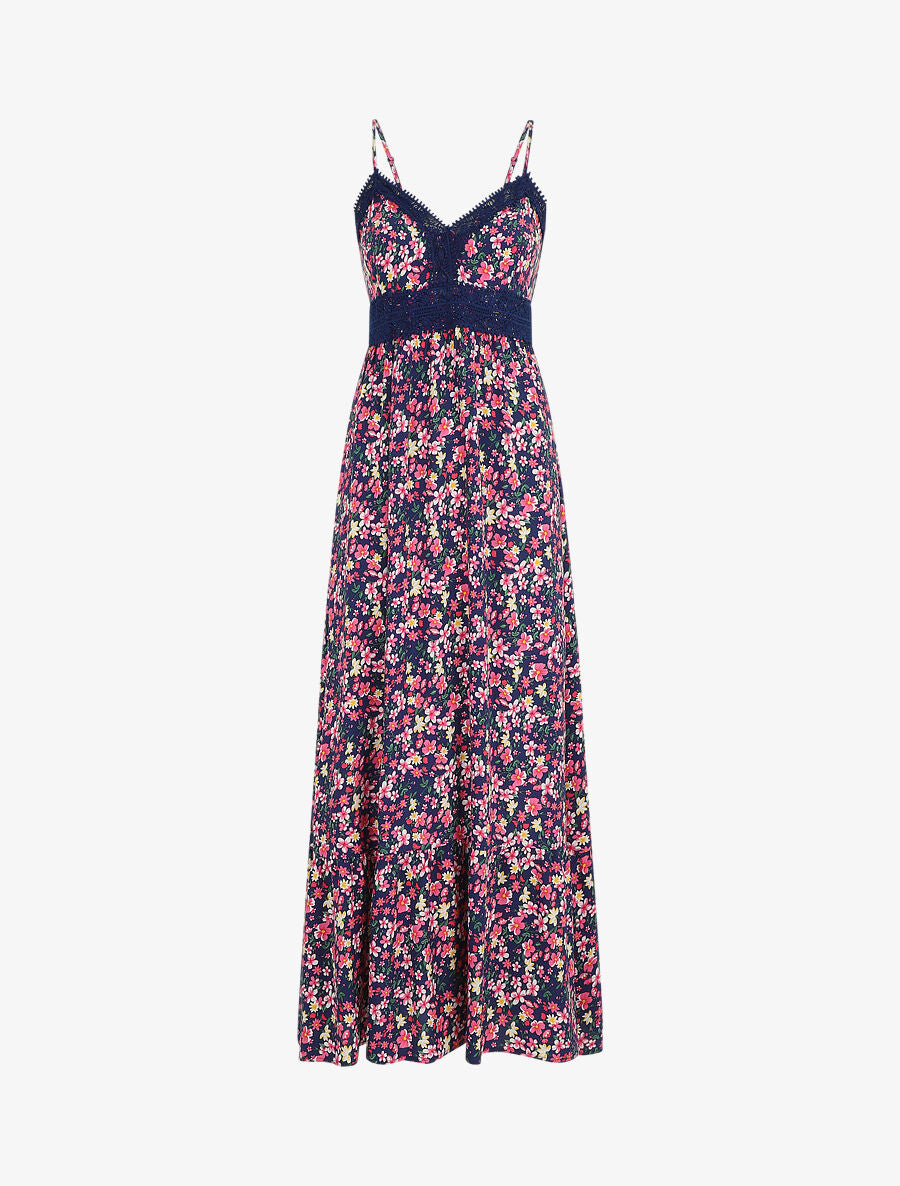 Robe longue à col dentelle et imprimé multi-fleurs - Marine - 1
