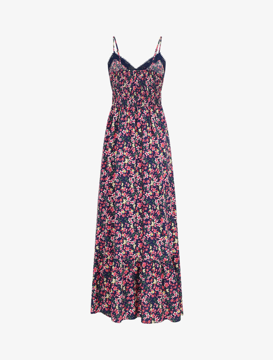 Robe longue à col dentelle et imprimé multi-fleurs - Marine - 2