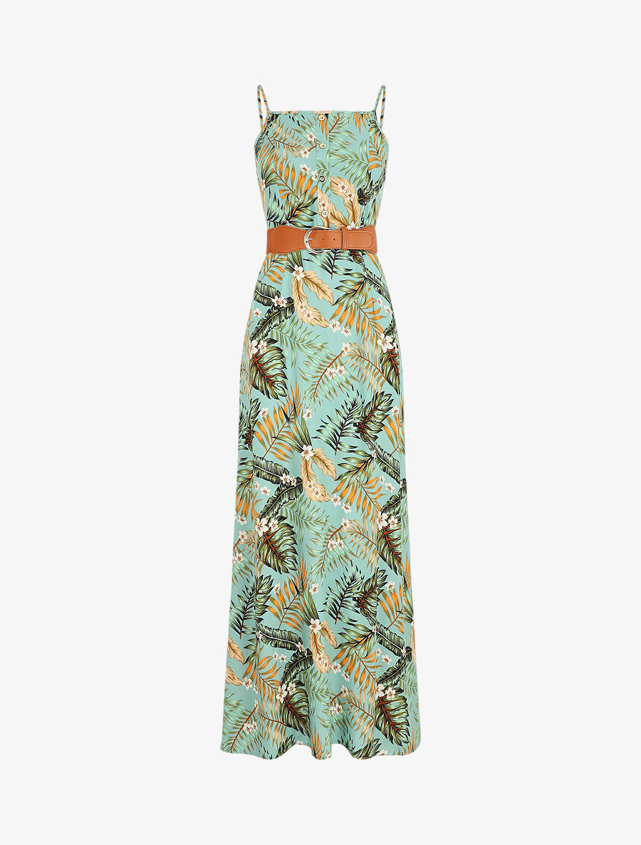 Robe longue droite à imprimé feuillage - Vert d&