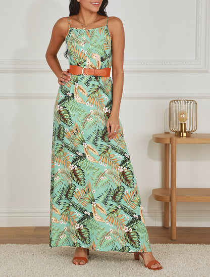 Robe longue droite à imprimé feuillage - Vert d&