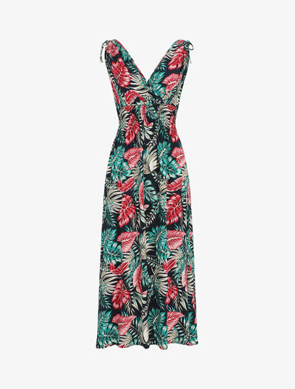 Robe longue élastiquée à imprimé feuilles - Bleu nuit - 5