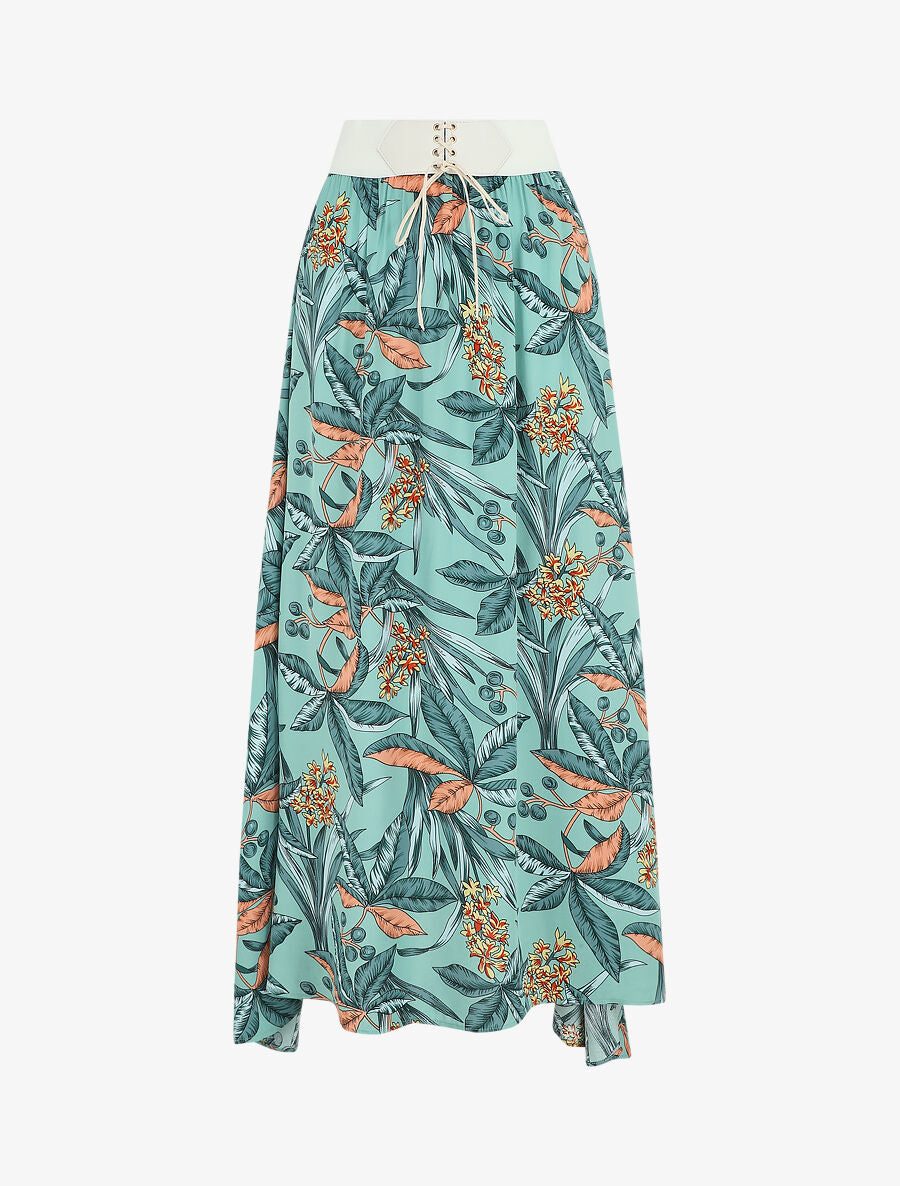 Jupe longue élastiquée à imprimé tropical - Vert d&