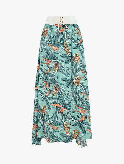 Jupe longue élastiquée à imprimé tropical - Vert d&