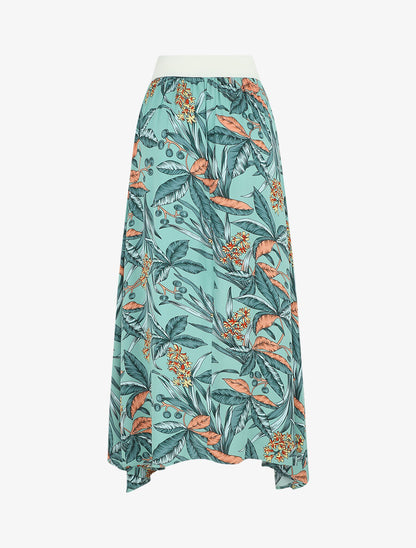 Jupe longue élastiquée à imprimé tropical - Vert d&