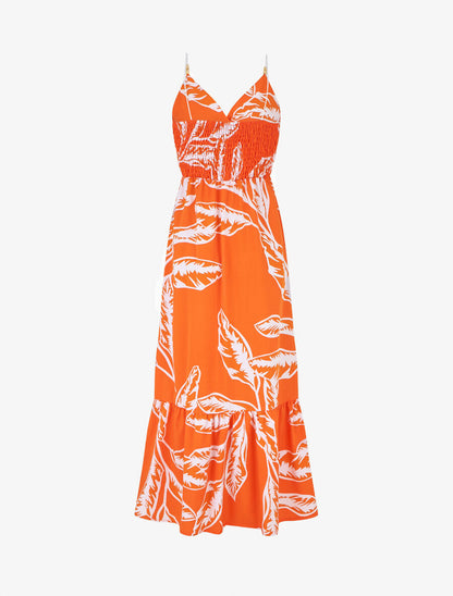Robe à bretelles style cordes imprimé grandes feuilles - Orange - 3