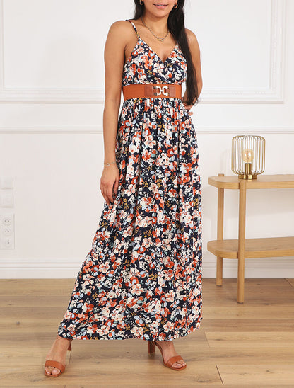 Robe longue imprimé fleurs printannières - Marine - 4