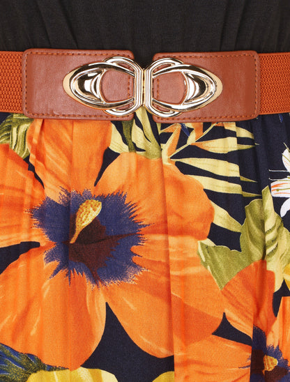 Robe longue bicolore imprimé tropical - Marine - 3