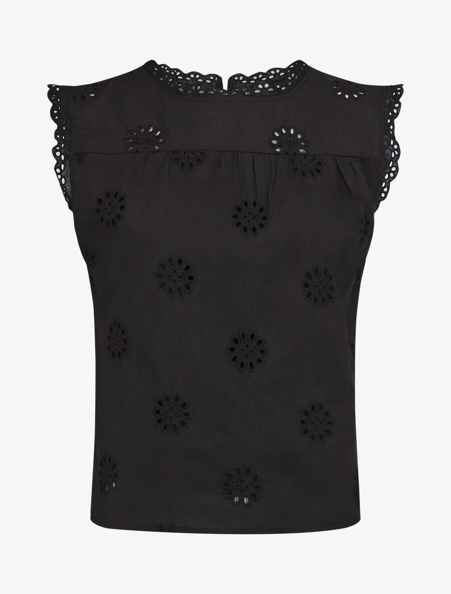 Blouse unie sans manches à motif fleurs - Noir - 1
