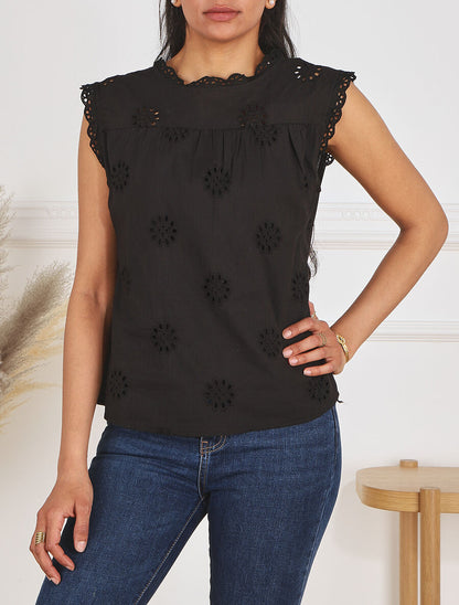 Blouse unie sans manches à motif fleurs - Noir - 4