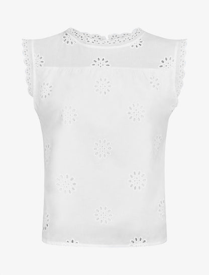 Blouse unie sans manches à motif fleurs - Blanc - 5