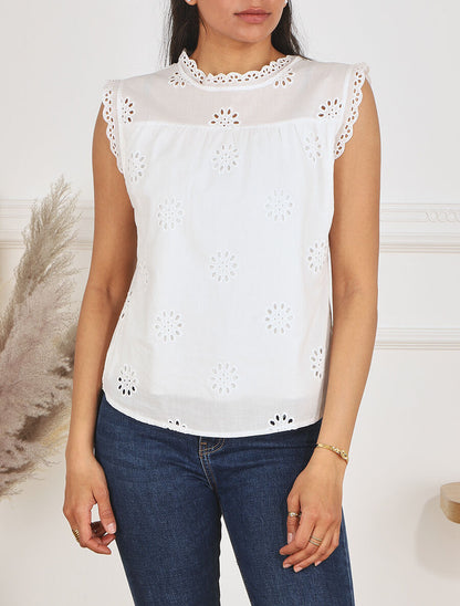 Blouse unie sans manches à motif fleurs - Blanc - 4