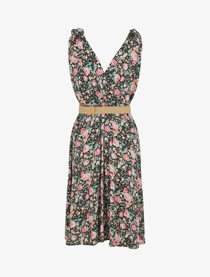 Robe mi-longue sans manches imprimé fleurs sauvages - Noir - 2