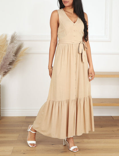 Robe longue unie sans manches - Beige - 4