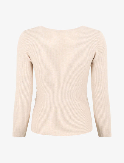 Pull côtelé col cache-coeur et boutons - Beige - 2