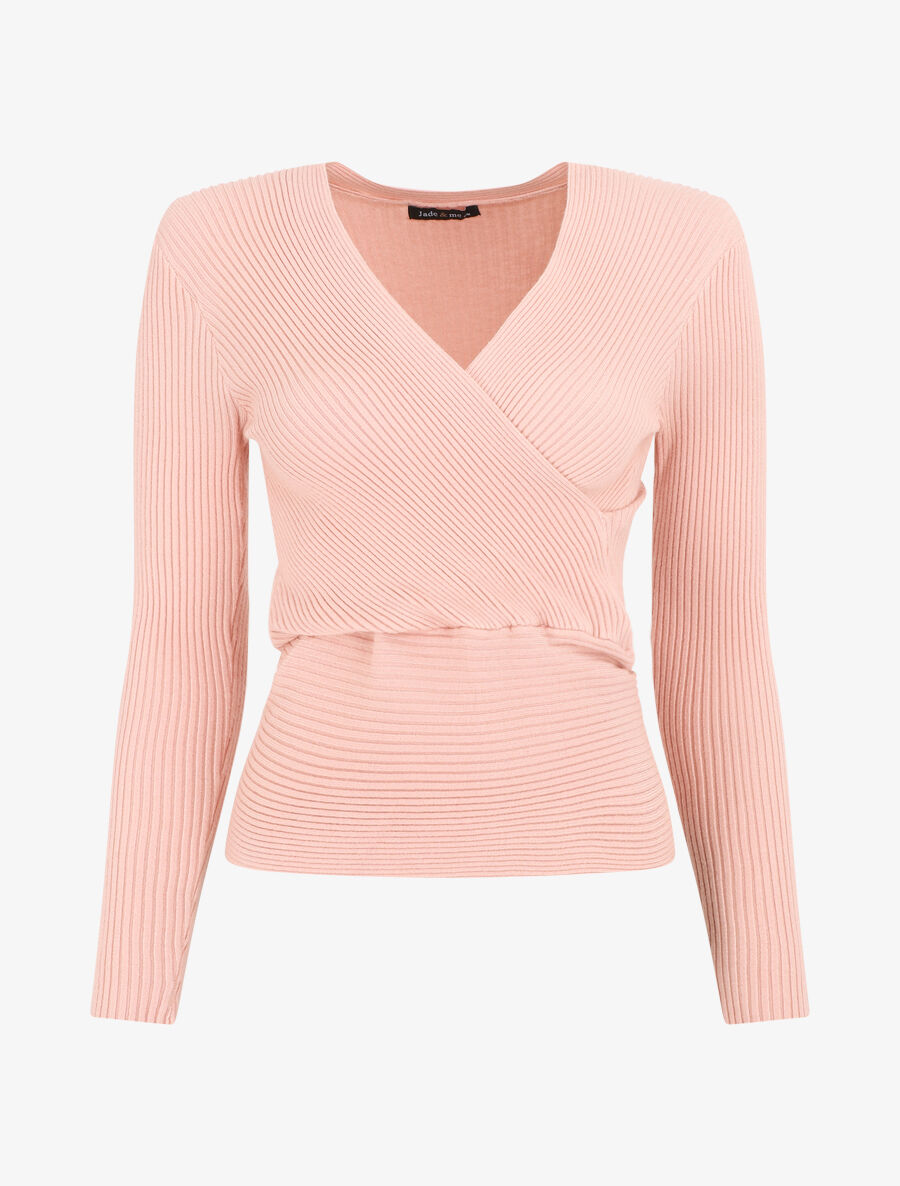 Pull côtelé uni à col cache-coeur - Rose - 4