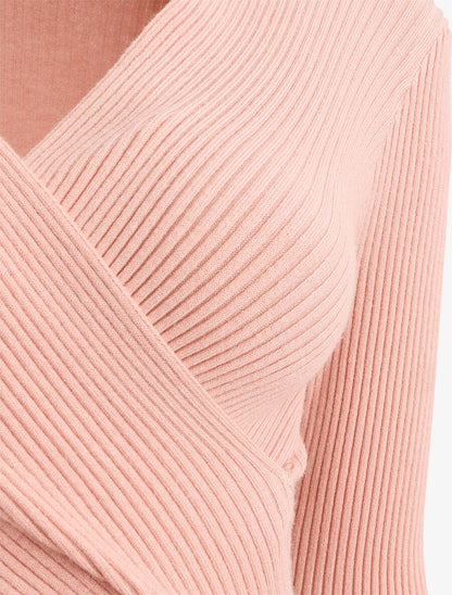 Pull côtelé uni à col cache-coeur - Rose - 3