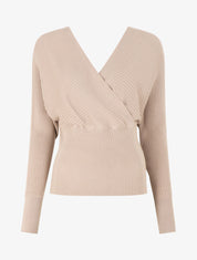 Pull côtelé ajusté col cache-coeur - Beige - 1