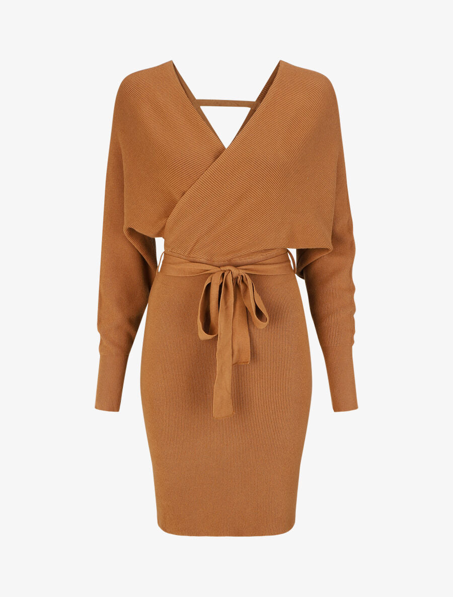 Robe mi-longue en maille à manches longues - Camel - 4
