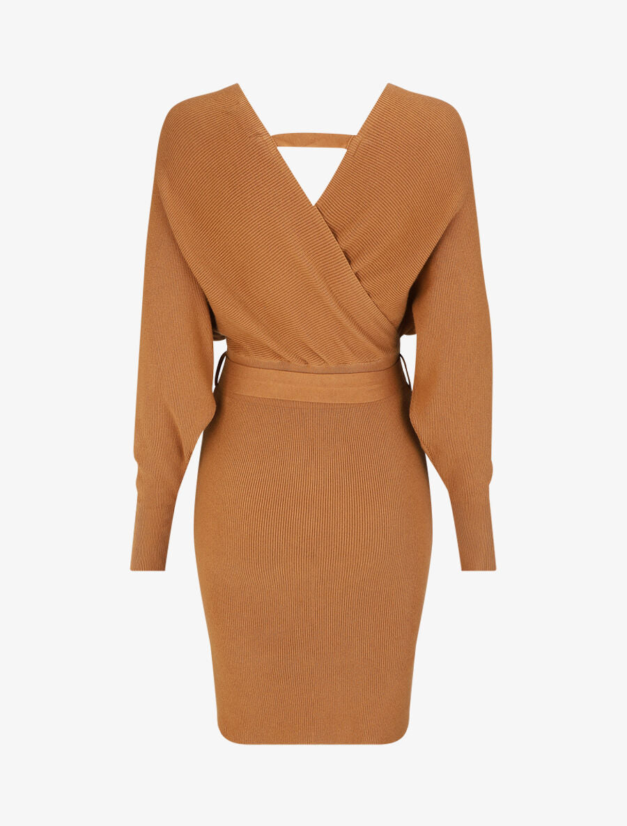 Robe mi-longue en maille à manches longues - Camel - 2