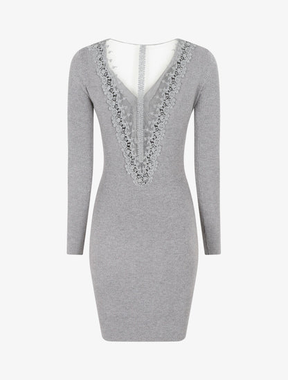 Robe pull côtelé à dos ajouré - Gris clair - 2